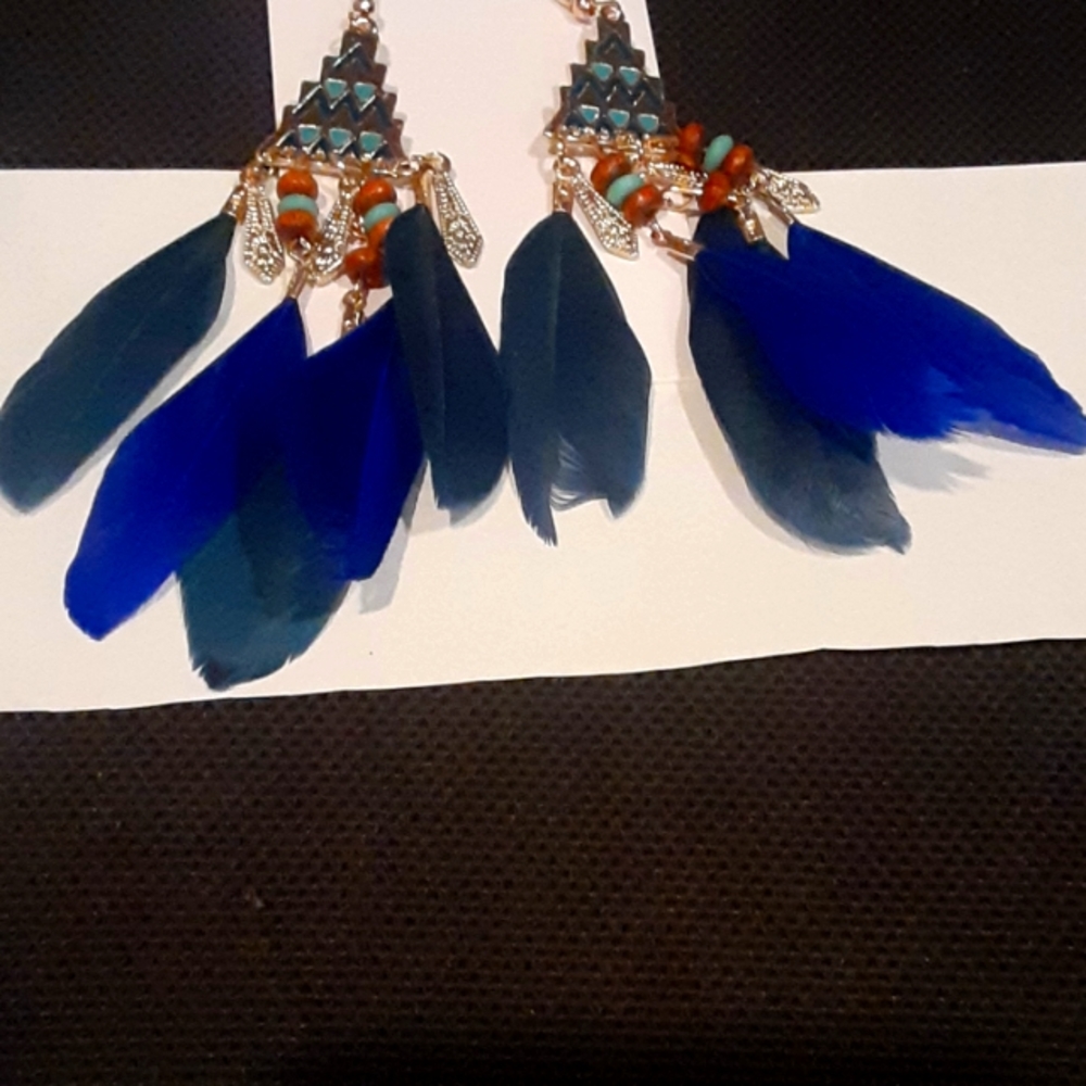 Earrings Jewelry Vintage feather long tassel/Native American. Dark Blue Green.